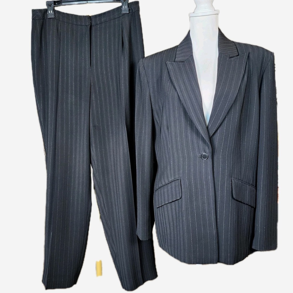 Amanda Smith 2pc Business Pant + Jacket Pinstripe Suit Set Womens 14 Black Work
